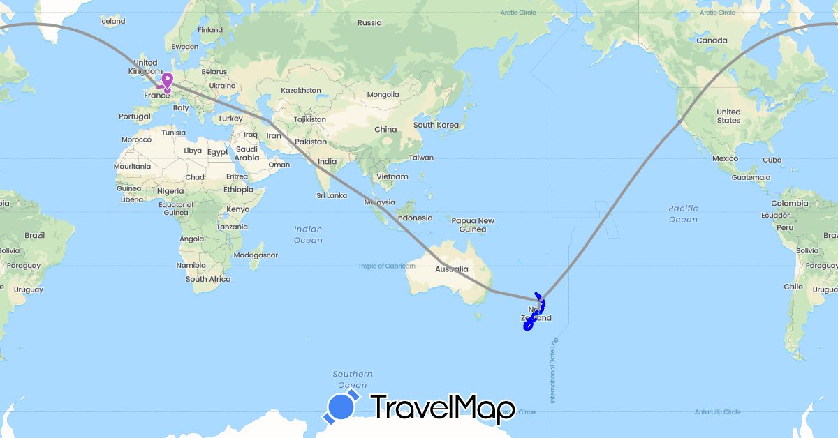 TravelMap itinerary: driving, plane, train, hiking, boat, voiture ou camping-car, hélicoptère in Germany, France, New Zealand, Singapore, United States (Asia, Europe, North America, Oceania)