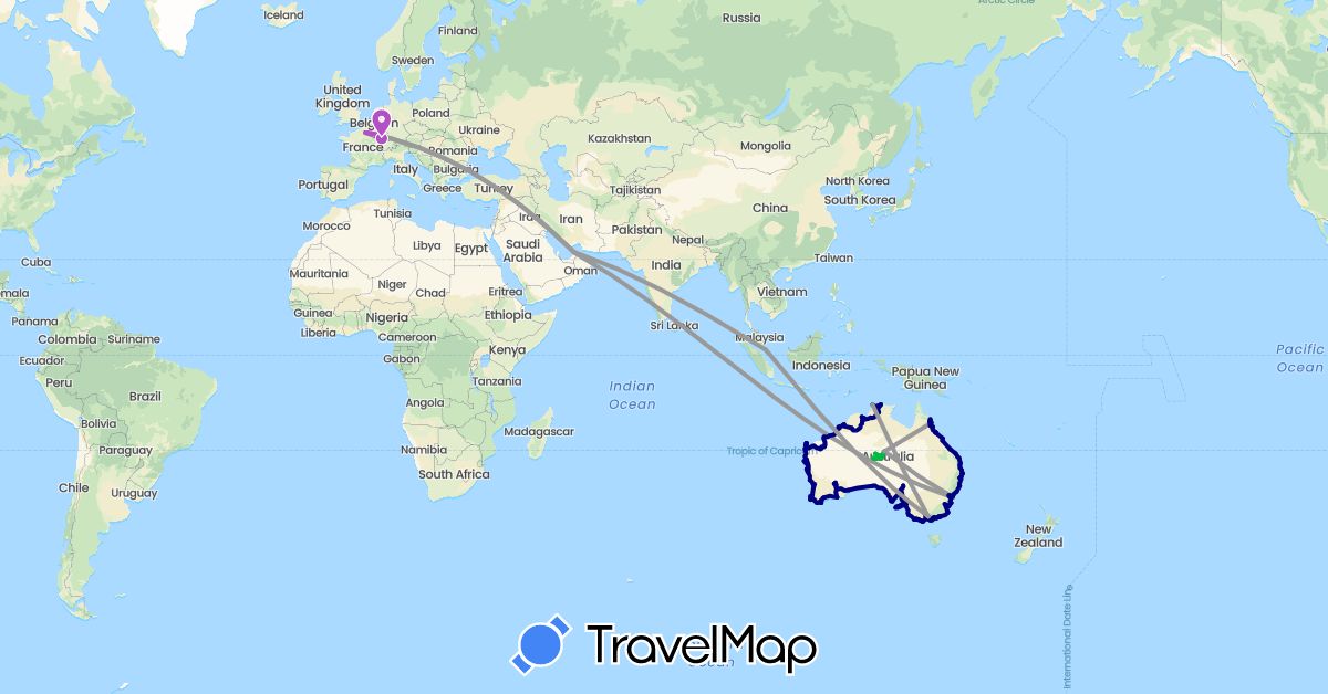 TravelMap itinerary: driving, bus, plane, train in United Arab Emirates, Australia, France, Singapore (Asia, Europe, Oceania)